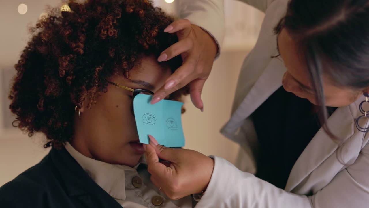 Office prank, sticky note and woman with comedy