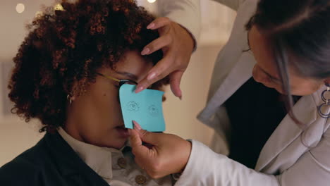 office prank, sticky note and woman with comedy