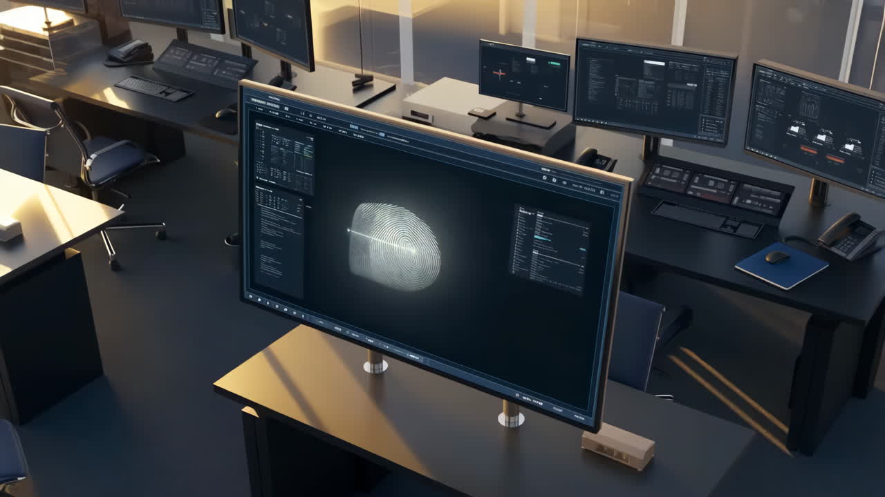 Fingerprint Biometric Data Analysis on a Computer Monitor in a High-Tech Office
