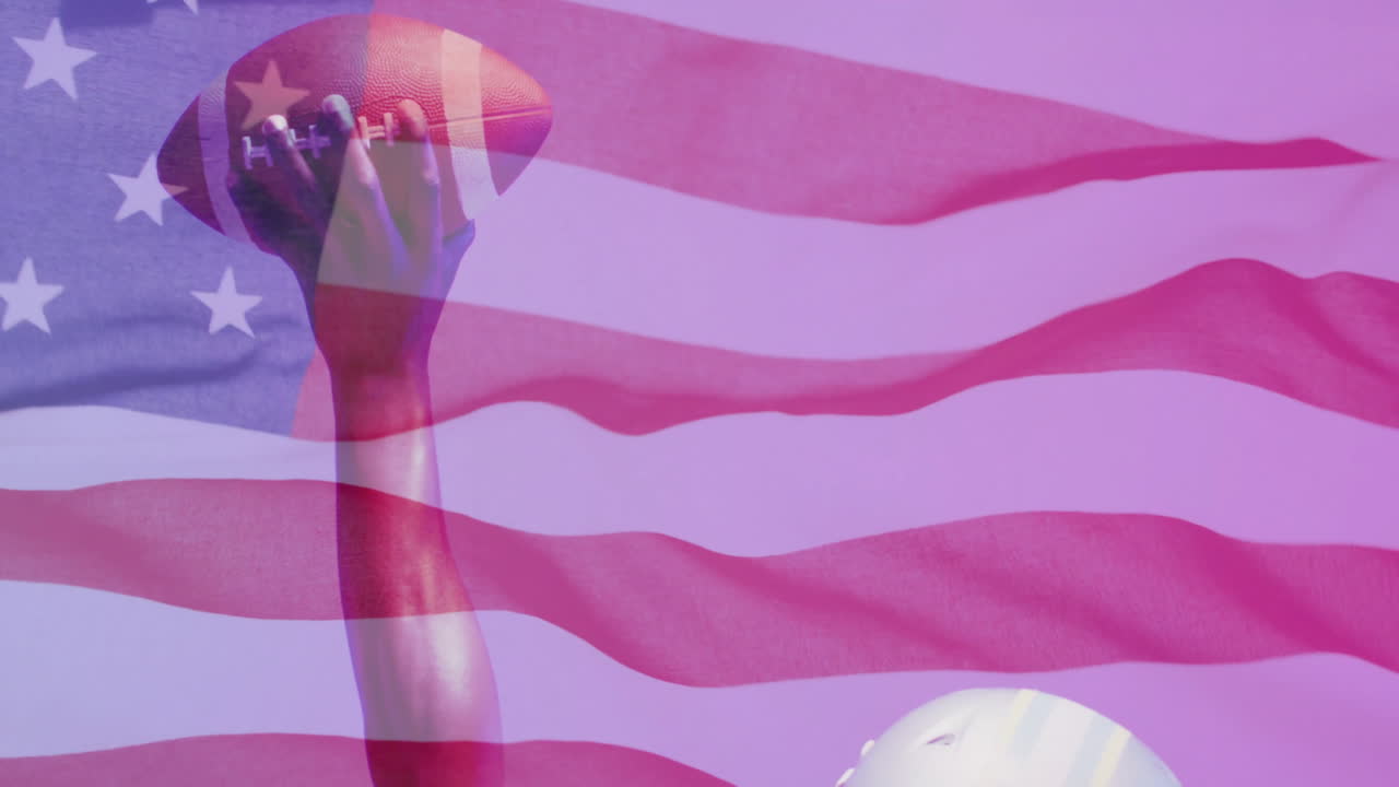 Animazione di un giocatore afroamericano di football americano e della bandiera degli USA