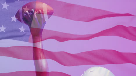 animation of african american american football player and flag of usa