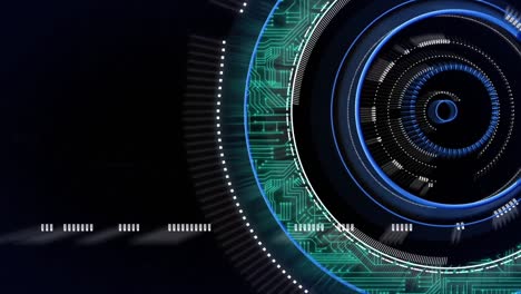 animación digital de las conexiones del microprocesador a través de un escáner redondo de neón sobre fondo negro