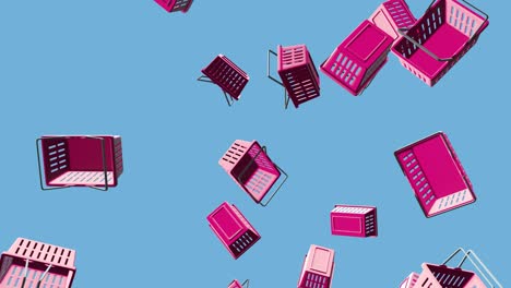 purple plastic shopping baskets on pale blue background.