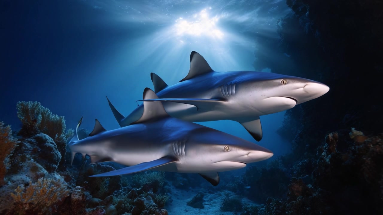 A mesmerizing display of two graceful sharks gliding through crystal-clear waters, showcasing the beauty and majesty of marine life deep beneath the ocean's surface.