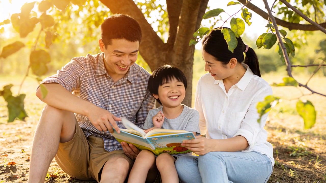 Người cha mặc áo sơ mi kẻ caro đang chỉ dẫn con lật sách tranh dưới gốc cây, thể hiện sự gắn kết tình cảm.