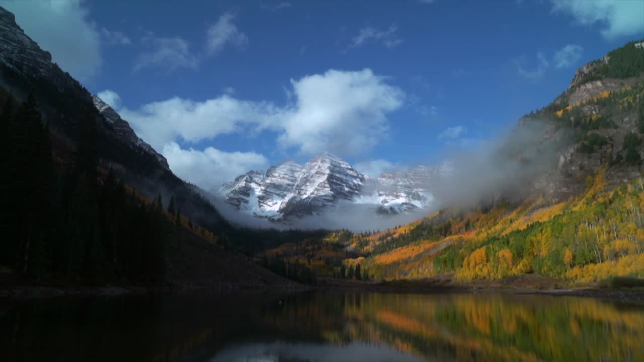 Maroon Lake Maroon Bells 14er peak Colorado most photographed panoramic nature landscape Fall Autumn morning snow on top of Rocky Mountains White River Forest Aspen Snowmass yellow Aspens Trees