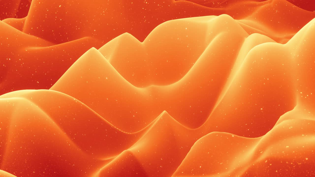 Beautiful abstract 3D surface with glitter sparkles, abstract 3d waves run on surface in loop. Red orange gradient, soft matte material with light inner glow. Smoothly 4k animation