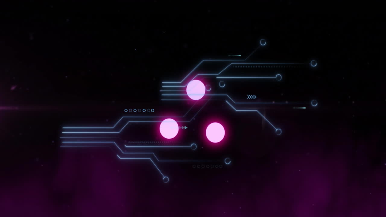 Circuit board animation with glowing pink nodes over dark background