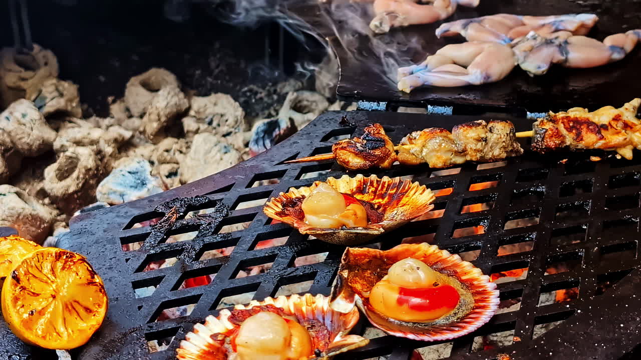 Grilled scallops and lemon with skewers on a barbecue grill in a rustic setting