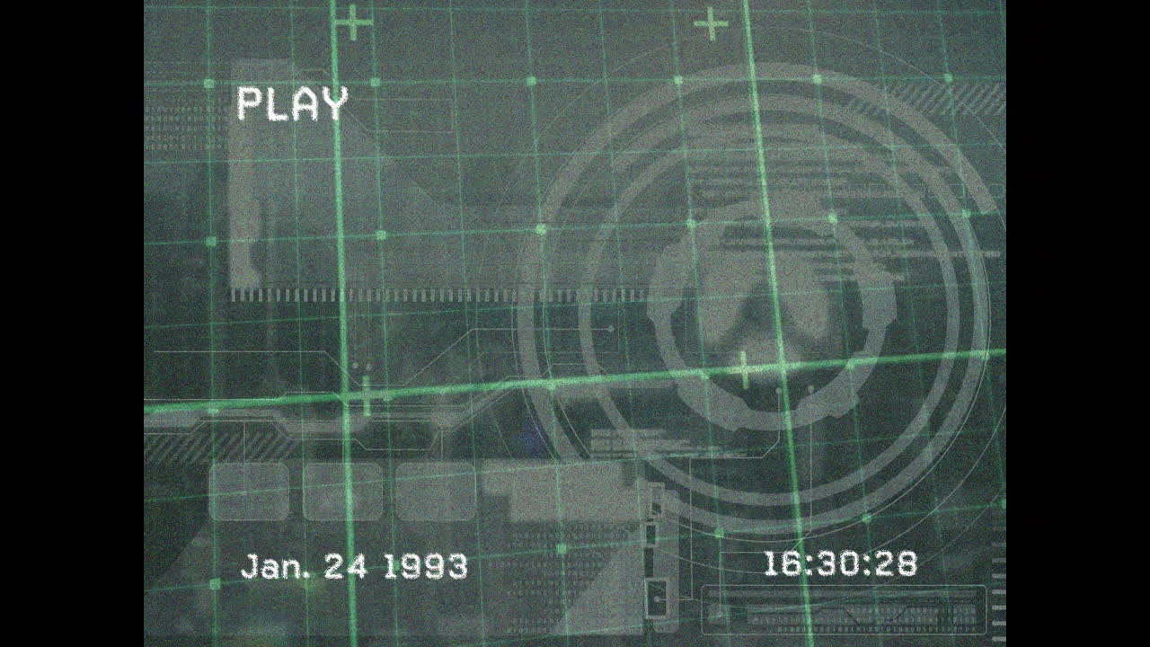 Animation of green digital interface with grid lines, resembling old video playback