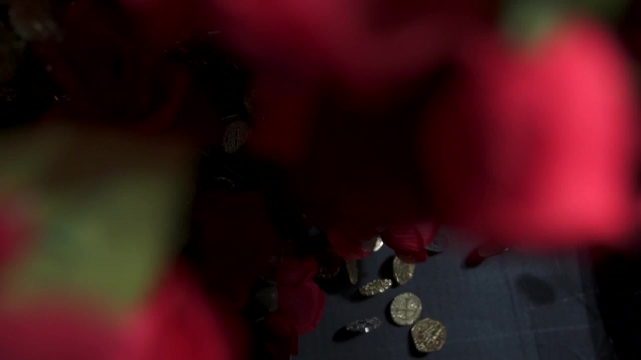 Roses and gold coins launched into air