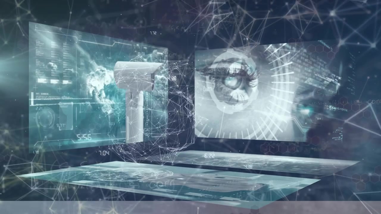 Animation of data processing over network of connections on black background
