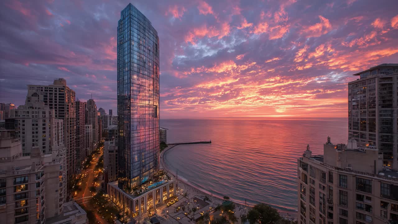 Pôr do sol deslumbrante sobre o horizonte urbano refletido na imponente fachada de vidro, iluminando o bulevar à beira do lago com cores vibrantes e água serena abaixo