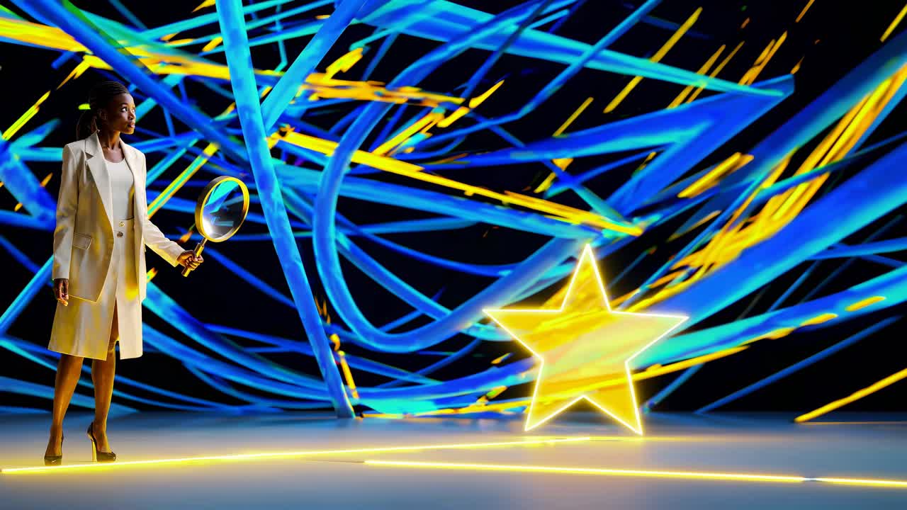 미래의 환경에서 별을 조사하는 여성