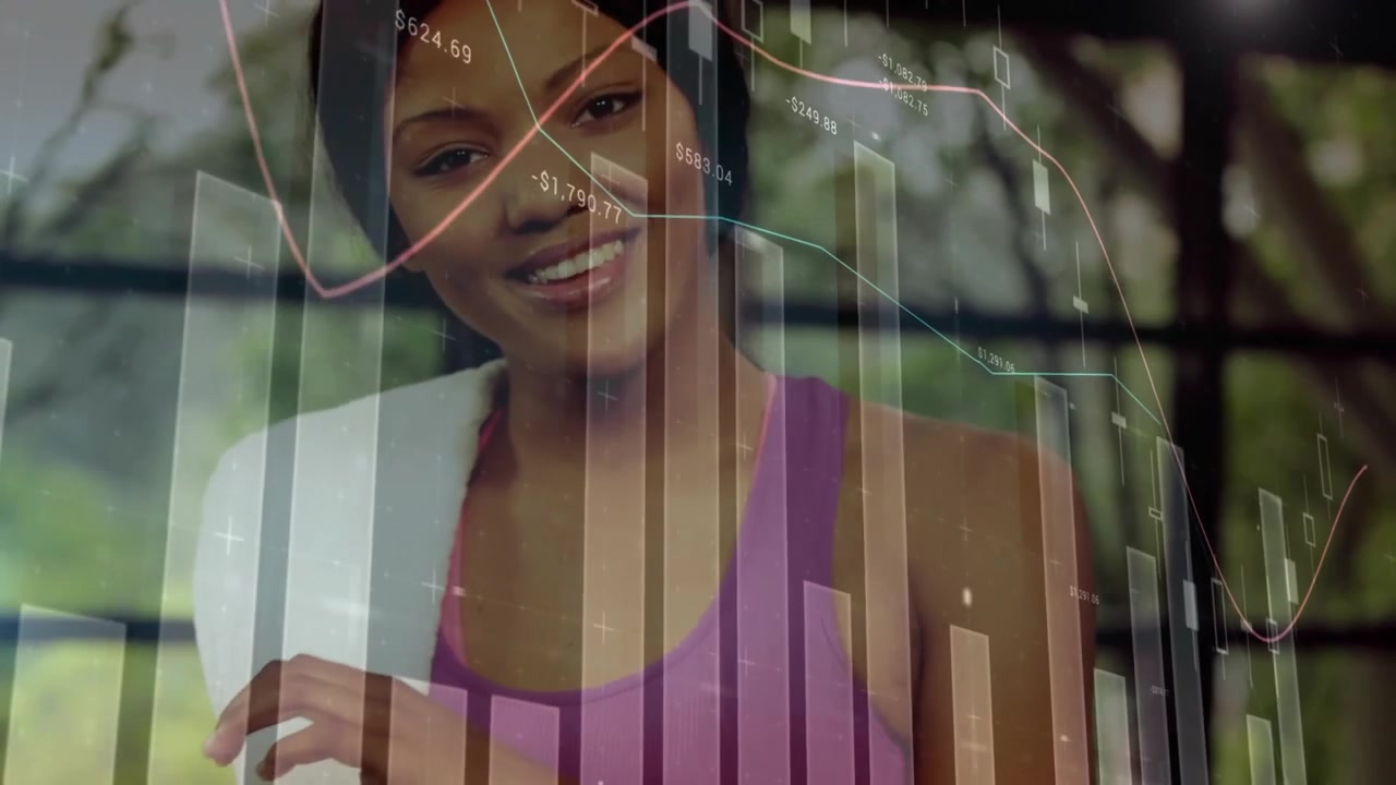Fitness woman sipping from water bottle and towel-dabbing sweat, animating financial charts in gym
