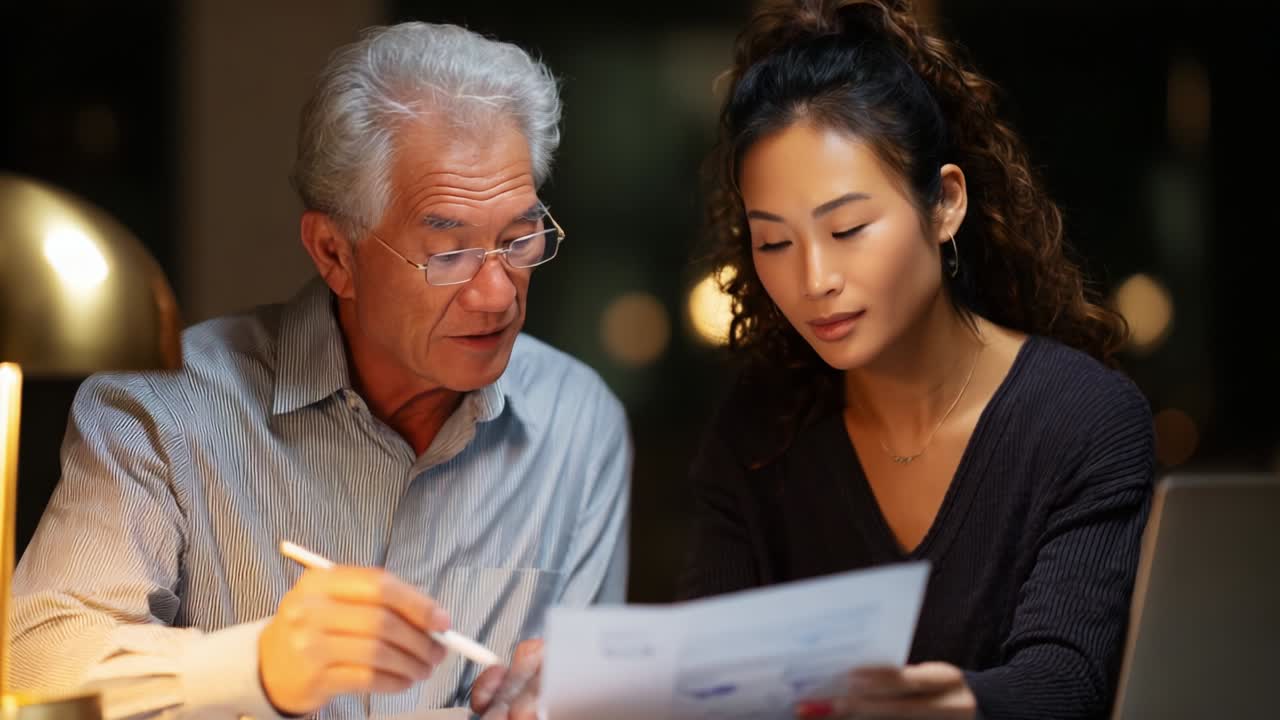 A productive late-night collaboration between an older man and a younger woman showcases their engagement in a thoughtful discussion while reviewing documents under soothing ambient lighting