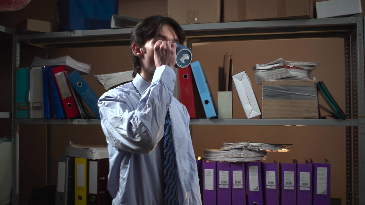 A young businessman in a shirt and tie stands beside shelves filled with binders, folders, and stacked paperwork in a dim office archive, holding a marker