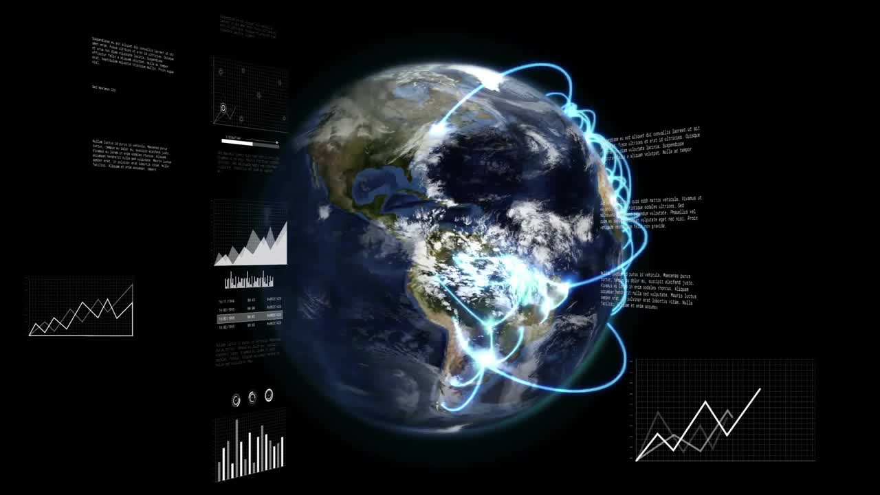 Animation of digital data processing over globe on black background