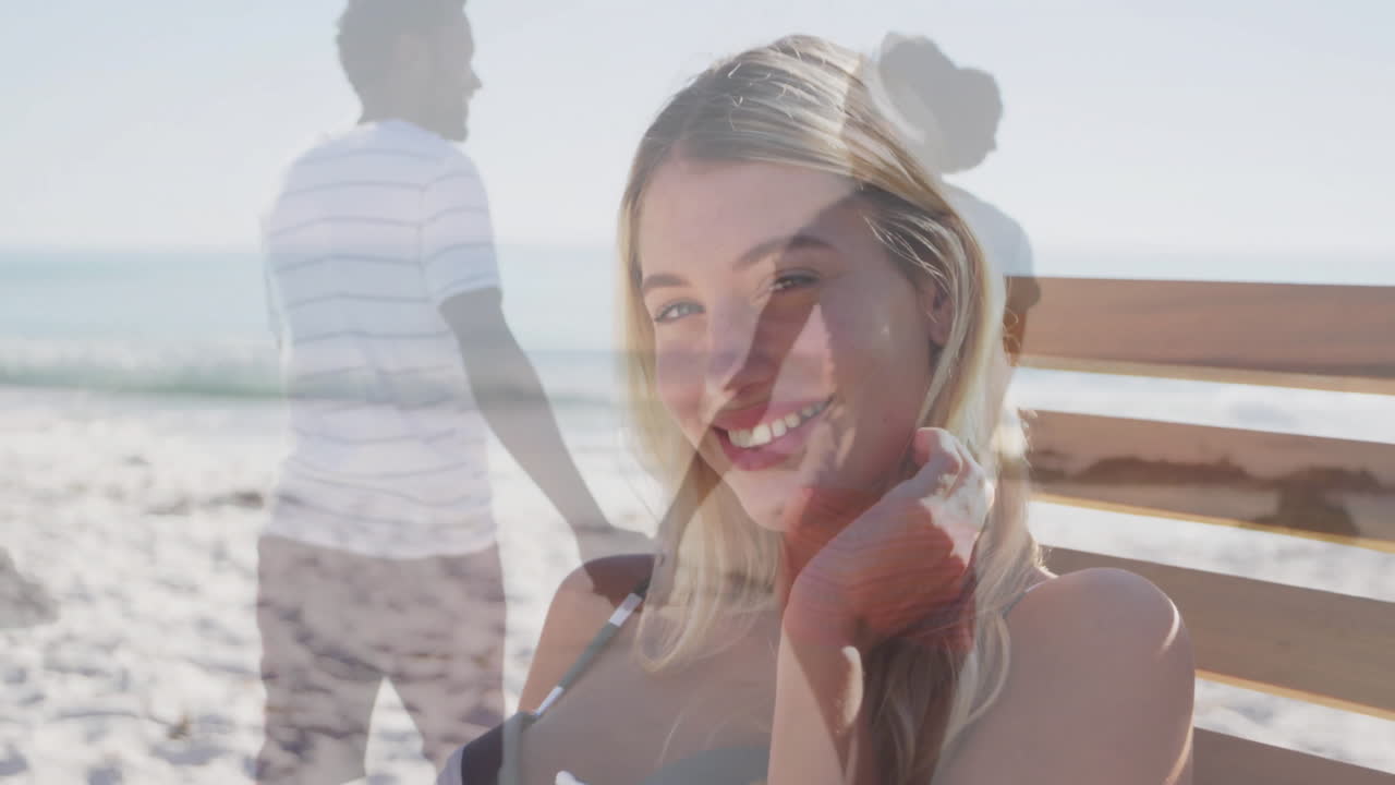Walking by sea, couple with smiling woman and animation overlay at beach