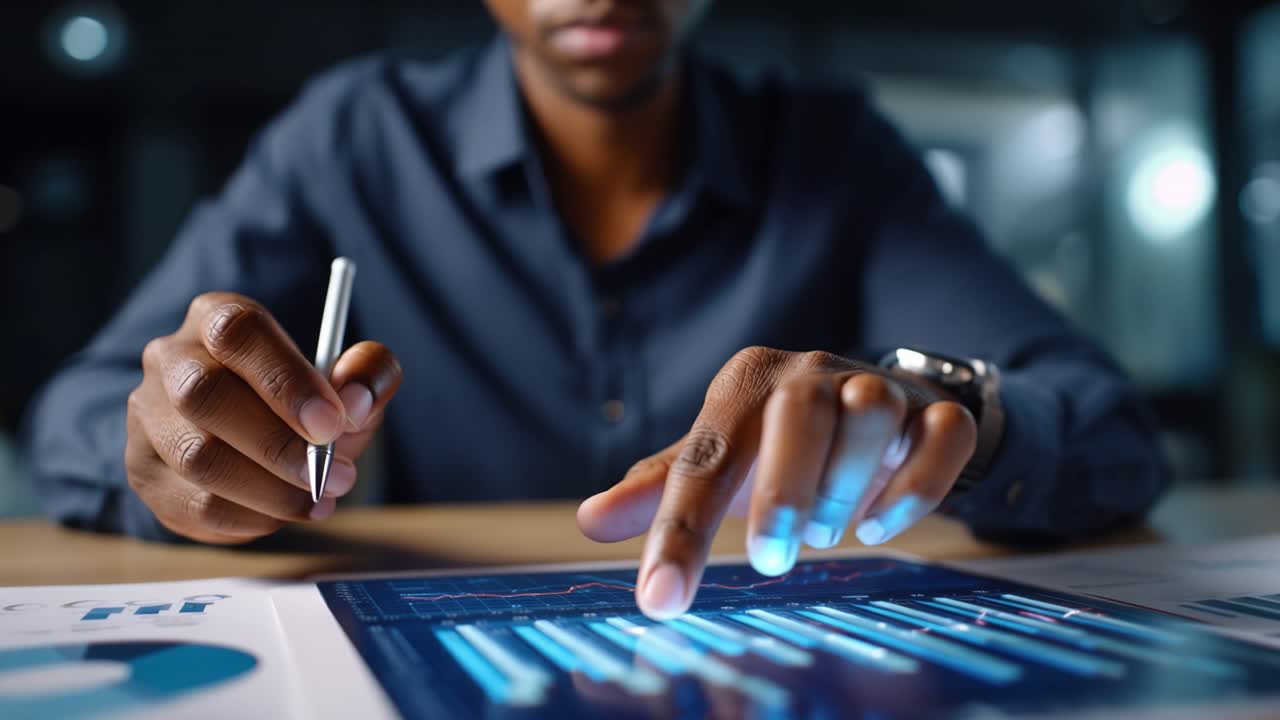 Analyzing Financial Data with Precision: A Focused Individual Interacting with Digital Graphs and Charts for Informed Decision Making and Strategic Planning