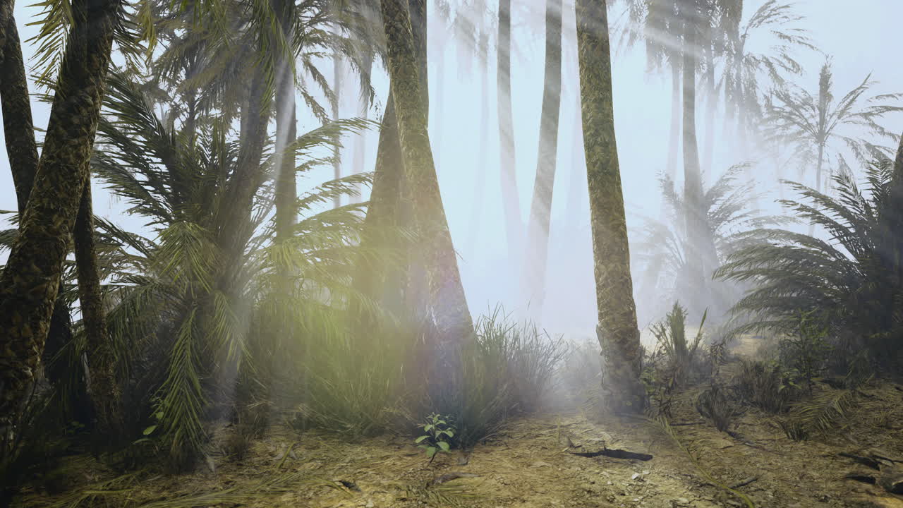 Misty forest landscape with tall trees and soft light filtering through foliage