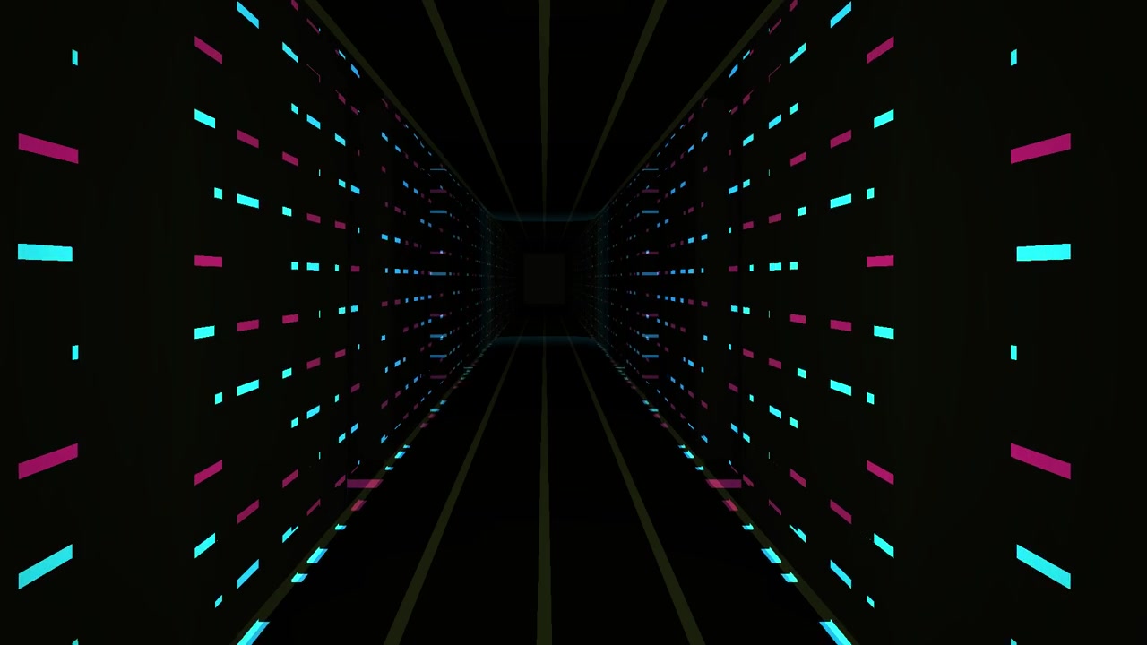 Flying Through a Dark Futuristic Neon Light Tunnel