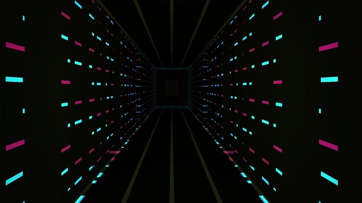 Fliegen durch einen dunklen futuristischen Neonlichttunnel