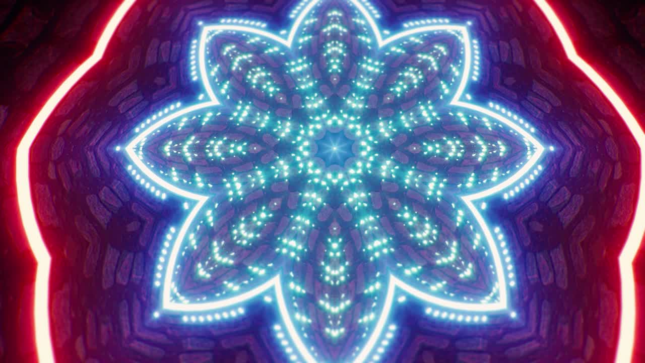 pulsación roja y azul caleidoscopio forma de flor onda de luz en la estructura de piedra geométrica