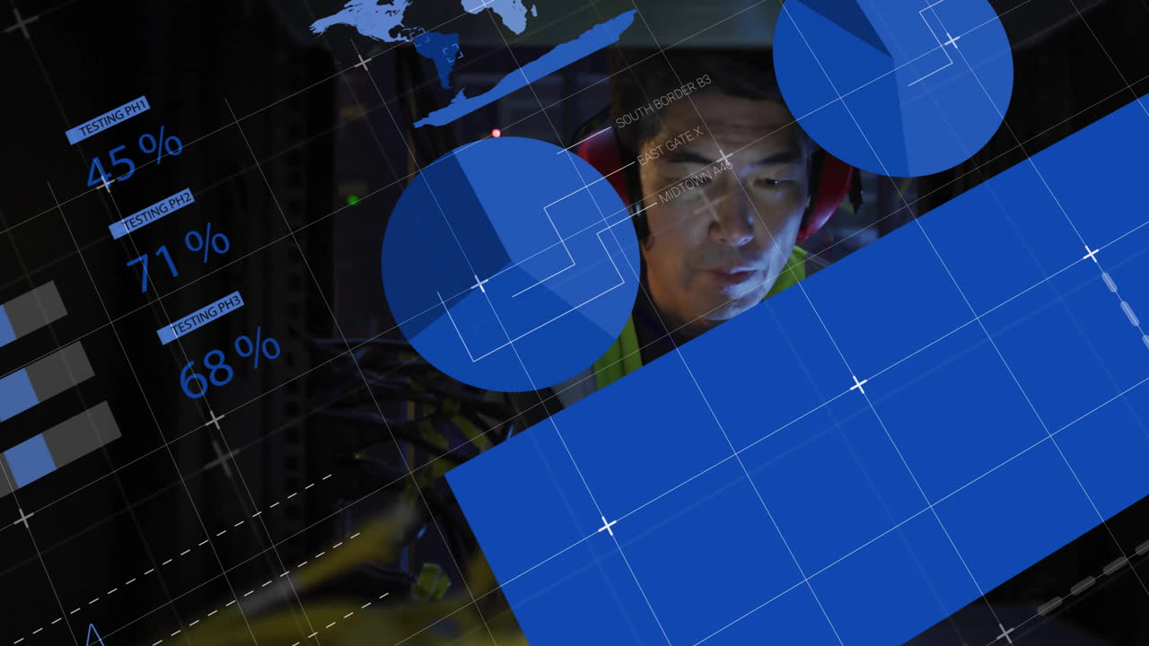 animación del procesamiento de datos sobre un ingeniero de ti afroamericano por servidores informáticos