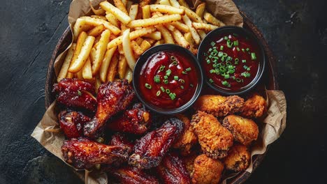 delicious chicken wings, fries, and dipping sauces on rustic background