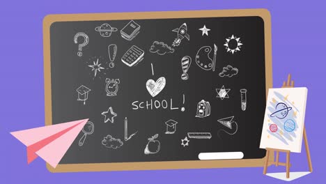 Animation-of-blackboard-and-school-items-icons-on-blue-background