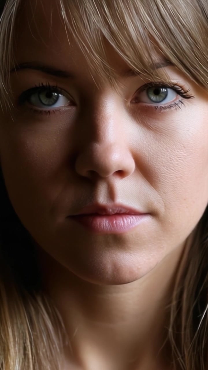 Close-Up Portrait of a Young Woman with Intense Expression, Capturing Emotion and Depth Through Detailed Features and Natural Light