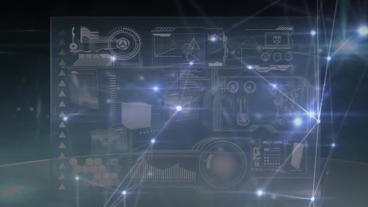 Animation of network of connections over data processing on black background