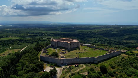 aerial view of ancient castle on hilltop