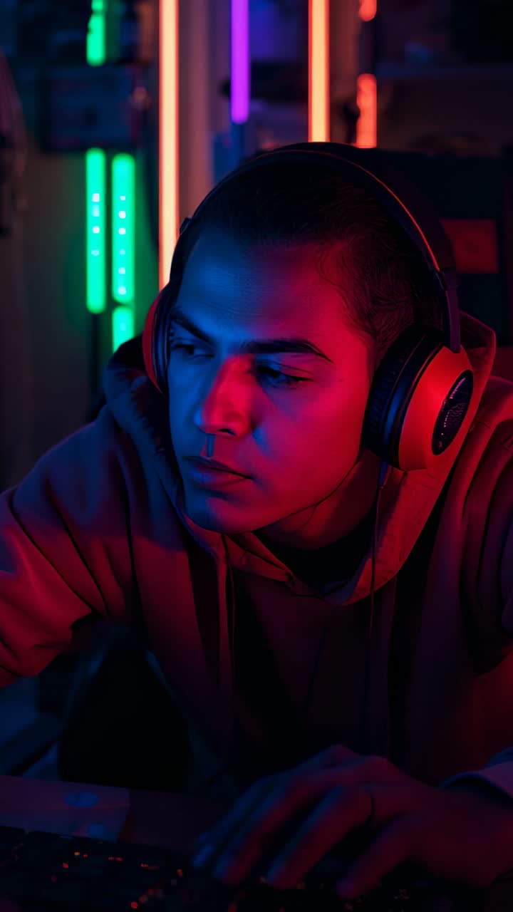 Video verticale: scena che mostra un gamer che digita comandi sulla tastiera in studio, con LED al neon