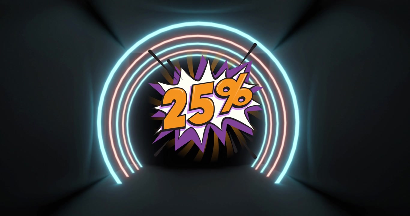 Animation of 25 percent text and neon circles on black background
