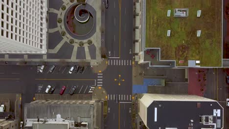 top-down shot of buildings and asphalt road along pacific ave