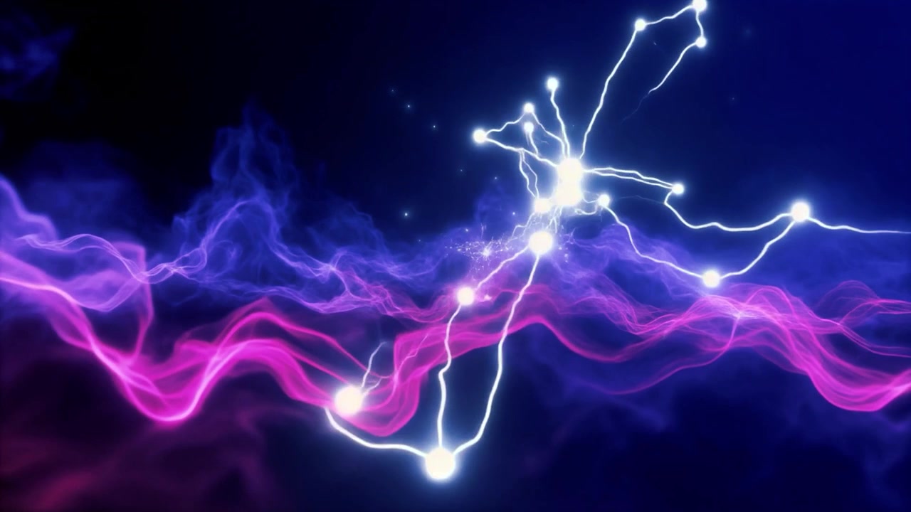 Abstract Motion Background with Glowing Purple Smoke and Electric Sparks