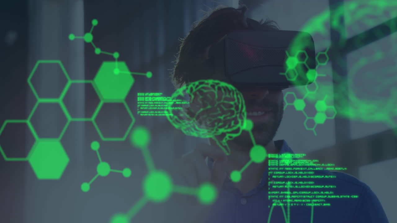 animación de cerebros humanos girando y procesamiento de datos sobre empresario que lleva auriculares vr
