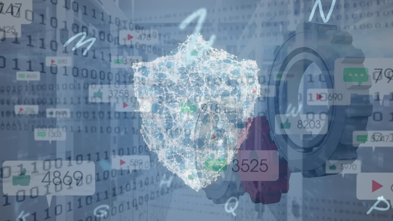 바이너리 코드로 배경 위에 디지털 방패, 아이콘 및 기어의 애니메이션