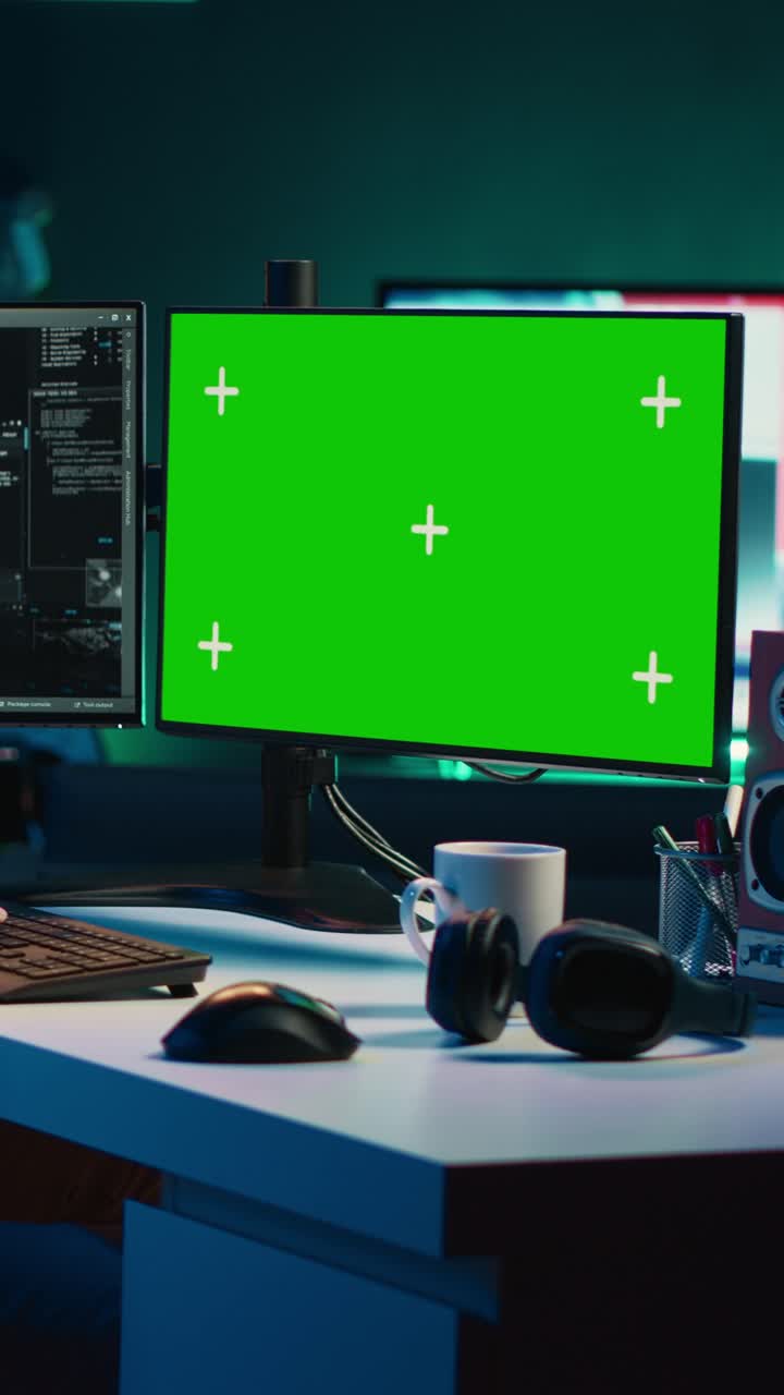 Grøn skærm på computerskærm på kontorbord med teknisk udstyr
