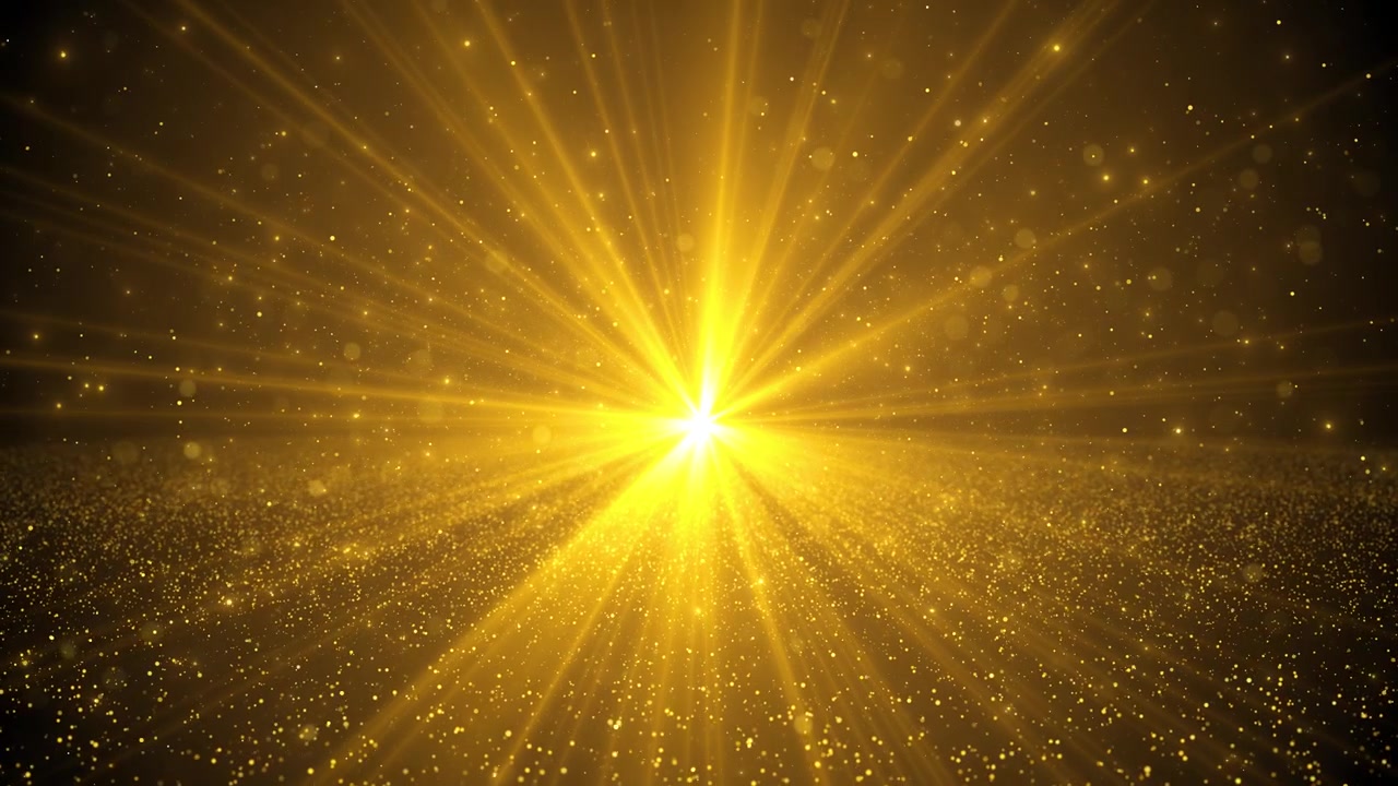 Golden light burst bright center flare radiant rays sparkling particles and luxury stage glow