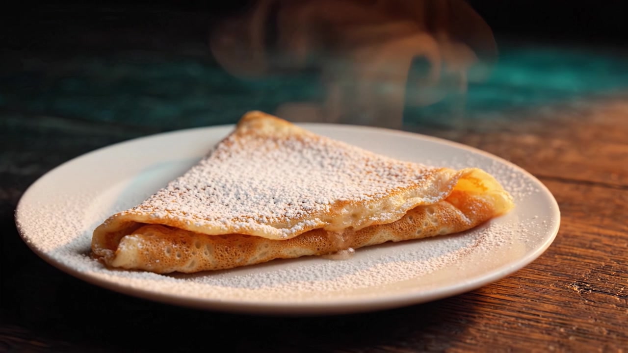 Delicious Crepe Served on a Rustic Plate, Generously Topped with Powdered Sugar, Capturing the Essence of a Classic Breakfast or Dessert Indulgence