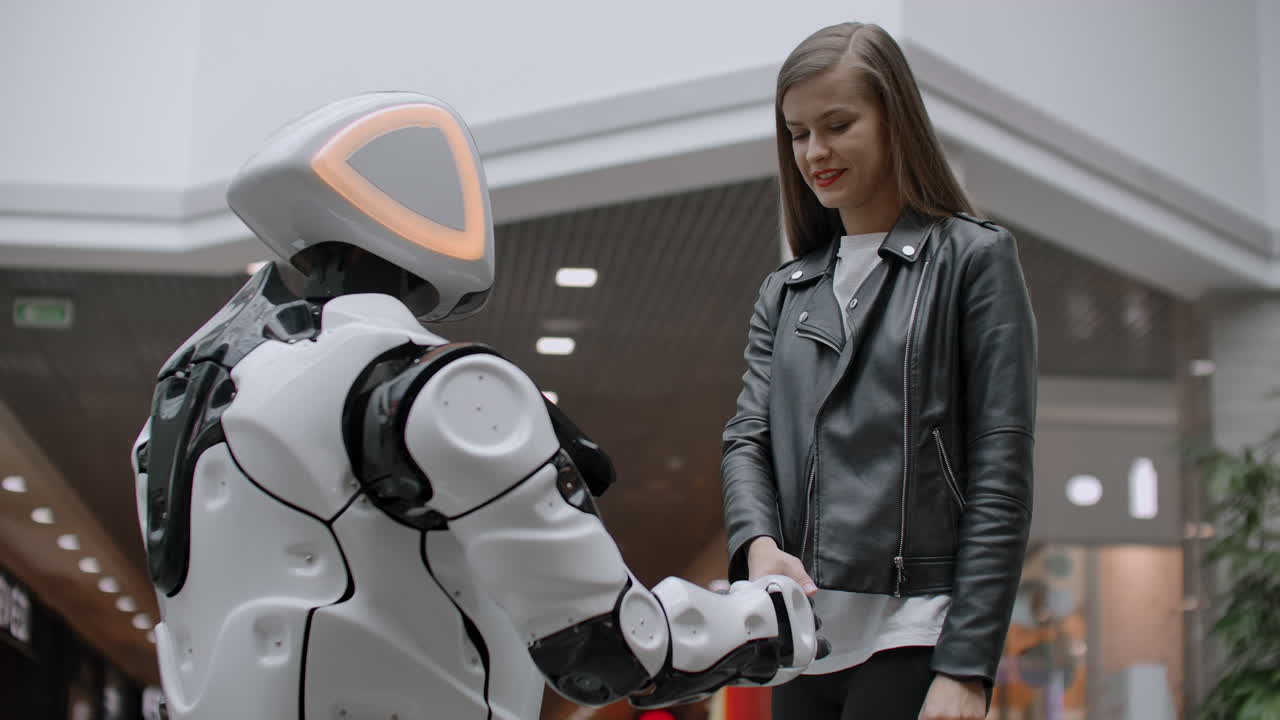 mujer sonriendo estrechando las manos trabajo. ser amigos con cyborg. entrar en un acuerdo con el robot