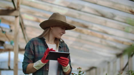 a florist with a tablet computer walks in a greenhouse and audits and checks flowers for small business accounting touch and watch plants