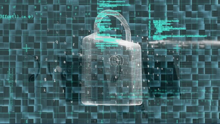 Animation of digital padlock and data processing over computers in office