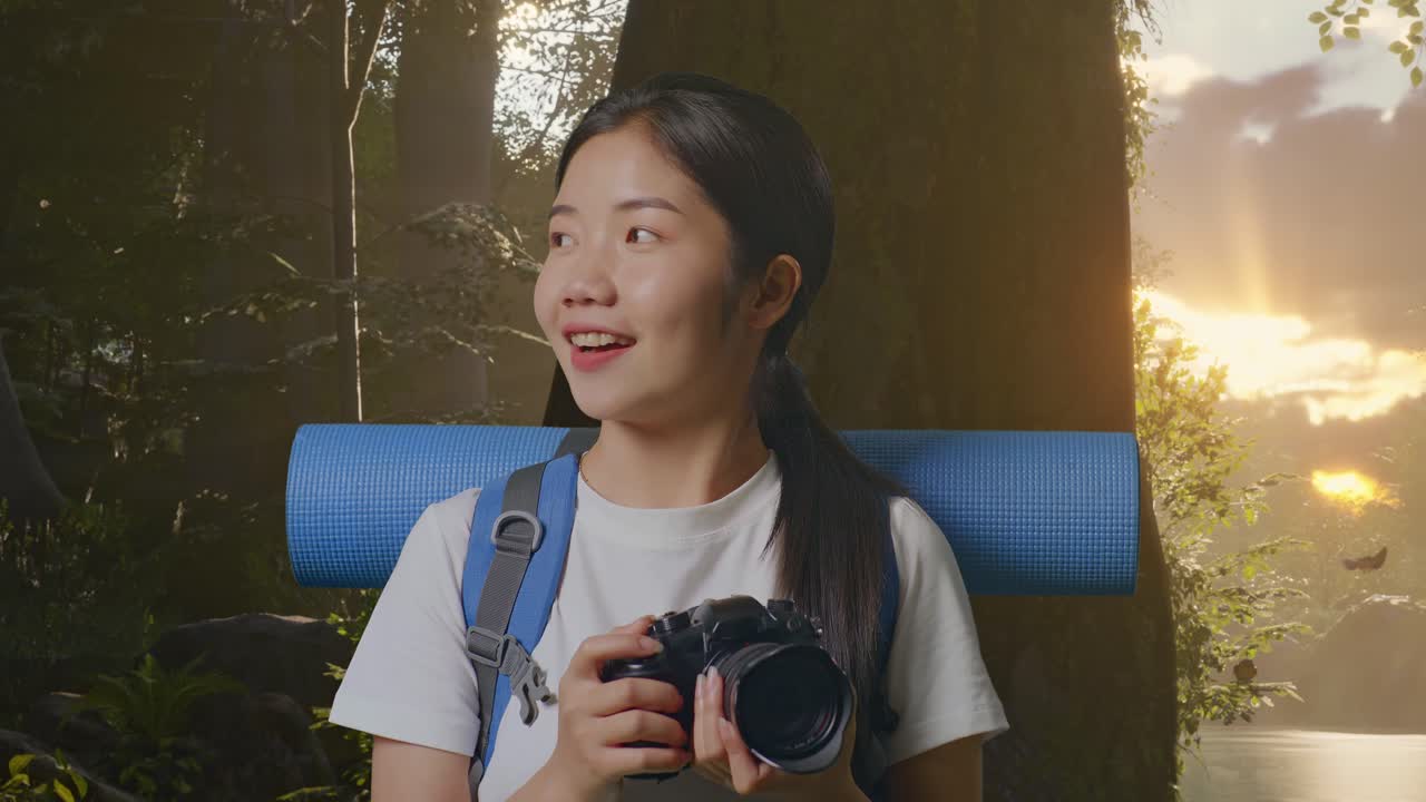 close up de una excursionista asiática con mochila de montañismo sonriendo y sosteniendo una cámara en sus manos luego mirando a su alrededor mientras explora la naturaleza del bosque