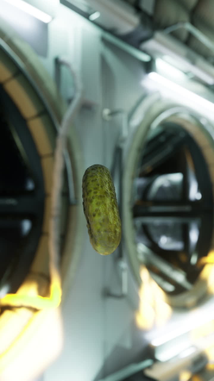 Cetriolo che fluttua in un ambiente futuristico da stazione spaziale