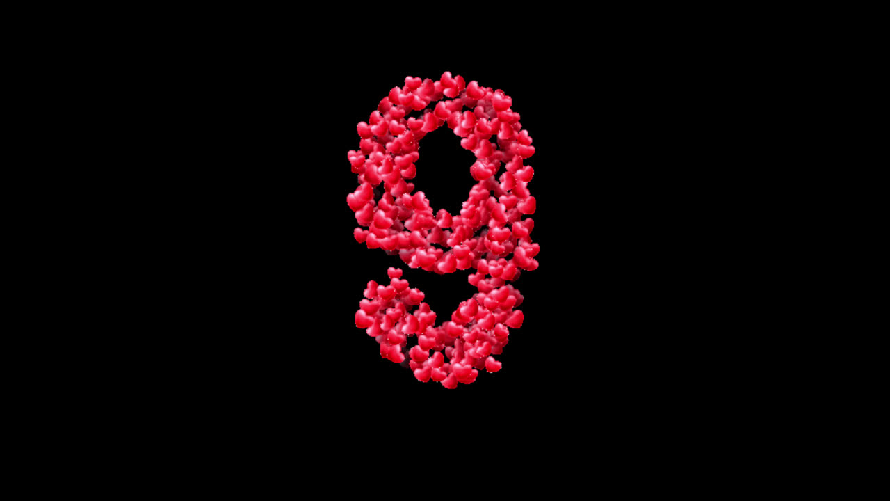 Heart particles number Nine animation on transparent background