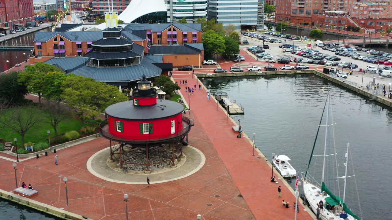 AERIAL: Seven Foot Knoll Lighthouse and the Pier 5 Waterfront Garden in Baltimore